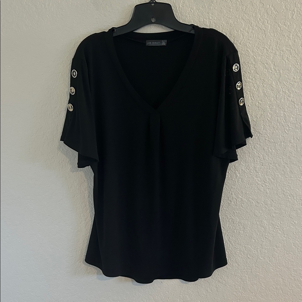 Vince Camuto Black V-Neck Short Flutter Sleeve Top with Button Detail